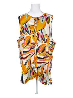 C&C California XL 100% Linen Button Up Sleeveless Blouse Oranges Tropical Top